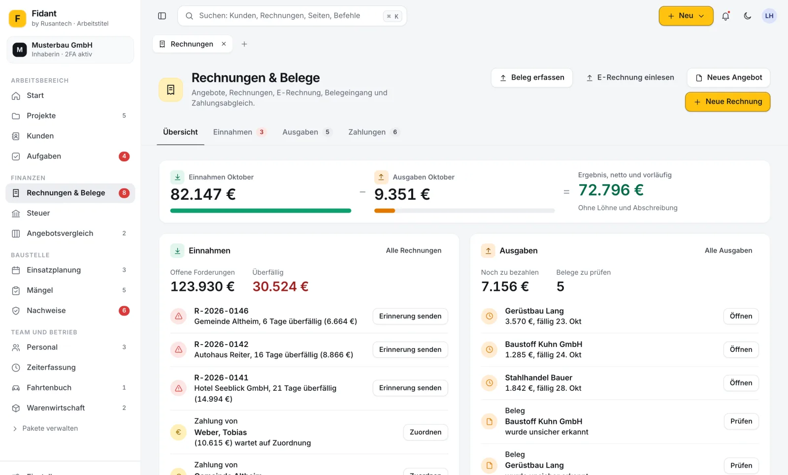 Fidant, Rechnungen und Belege: Einnahmen, Ausgaben und überfällige Rechnungen